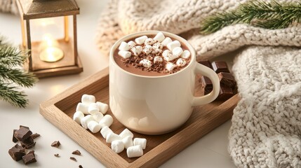 Fototapeta premium Cozy Hot Chocolate with Marshmallows and Chocolate Pieces Surrounded by Warm Knit Decor and Soft Lighting for Winter and Holiday Vibes