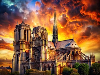 Notre Dame Post-Fire Silhouette, Paris Architectural Ruin, AI Photo