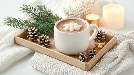 Cozy Winter Scene Featuring Hot Chocolate Topped with Marshmallows Surrounded by Pine Cones, Pine Branches, and Soft Textiles in Warm Candlelight