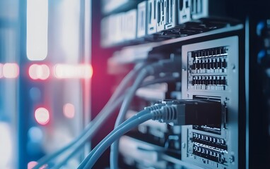 Close-Up Image of Network Cables Connected to a Switch in an Office Environment, Showcasing Modern Technology and Digital Infrastructure
