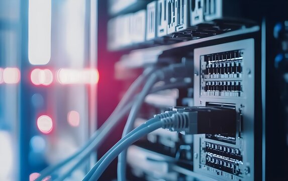 Close-Up Image of Network Cables Connected to a Switch in an Office Environment, Showcasing Modern Technology and Digital Infrastructure
