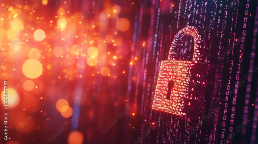 Aufkleber A digital padlock made of binary code against a background of red and blue bokeh lights, representing online security and data protection.