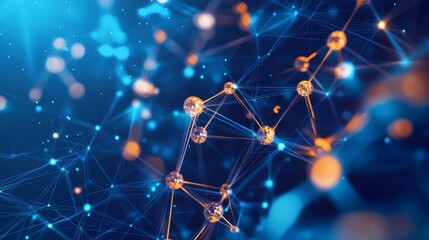 68.A close-up 3D model of a molecule suspended in space, with interlocking atoms connected by glowing bonds. The molecular structure is set against a deep blue gradient background, with light