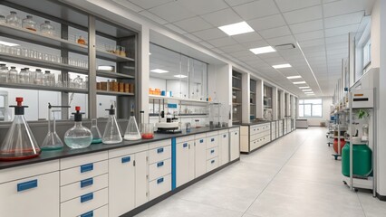 Modern laboratory interior designed for advanced scientific research with various equipment and ample natural light