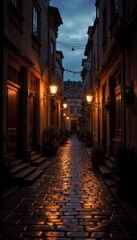 Fototapeta premium Charming alleyway with illuminated street lamps and wet cobblestones in twilight ambiance, nostalgic atmosphere