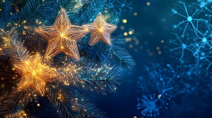 Close-up of decorative glowing wire stars on pine branches with festive blue and gold lighting, creating a holiday ambiance..