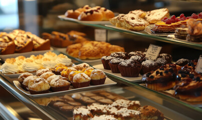 Delightful pastries and cakes displayed in bakery showcase tempting sweet treats