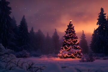 A beautifully lit Christmas tree in a snow-covered forest at dusk, with a colorful winter sky in the background..