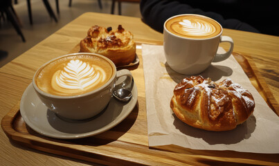 Relaxing coffee break creamy cappuccino sweet pastries wooden tray