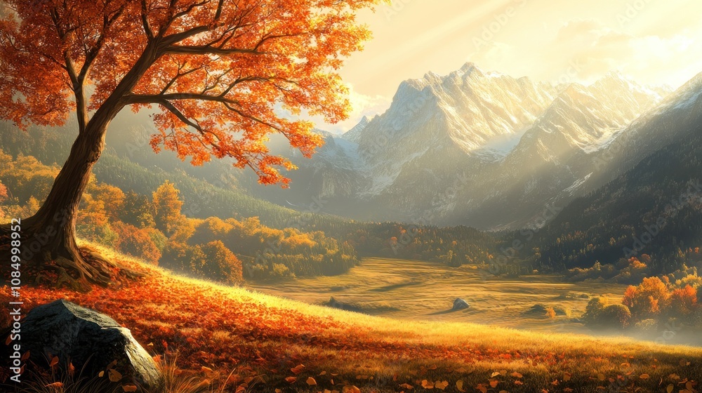 Poster a single tree with red leaves stands in a valley with snow-capped mountains in the background.