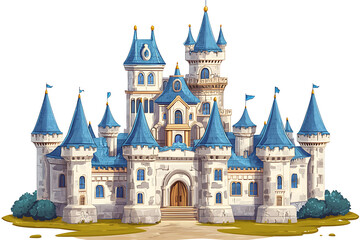 Obraz premium A whimsical castle with blue roofs and towers, evoking a fairytale atmosphere.