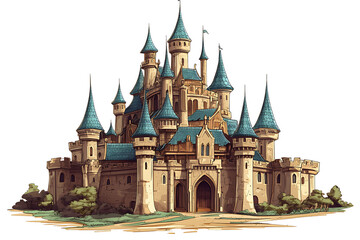 A whimsical castle with tall spires and a grand entrance, evoking fairy tale imagery.