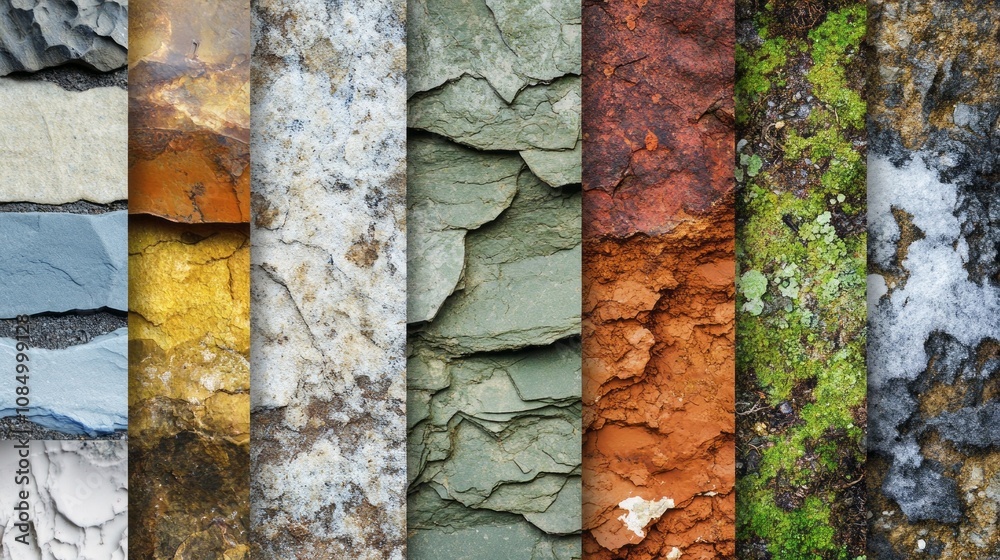 Poster the image is a series of different textures and colors, including green moss