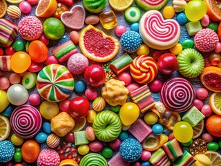 Fototapeta premium Aerial View of Colorful Candies Creating a Festive Wallpaper Background for Kids' Celebrations, Perfect for Birthdays, Parties, or Sweet Treats Events