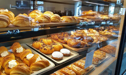 Fototapeta premium Delicious pastries and bread displayed in bakery showcase tempting aroma