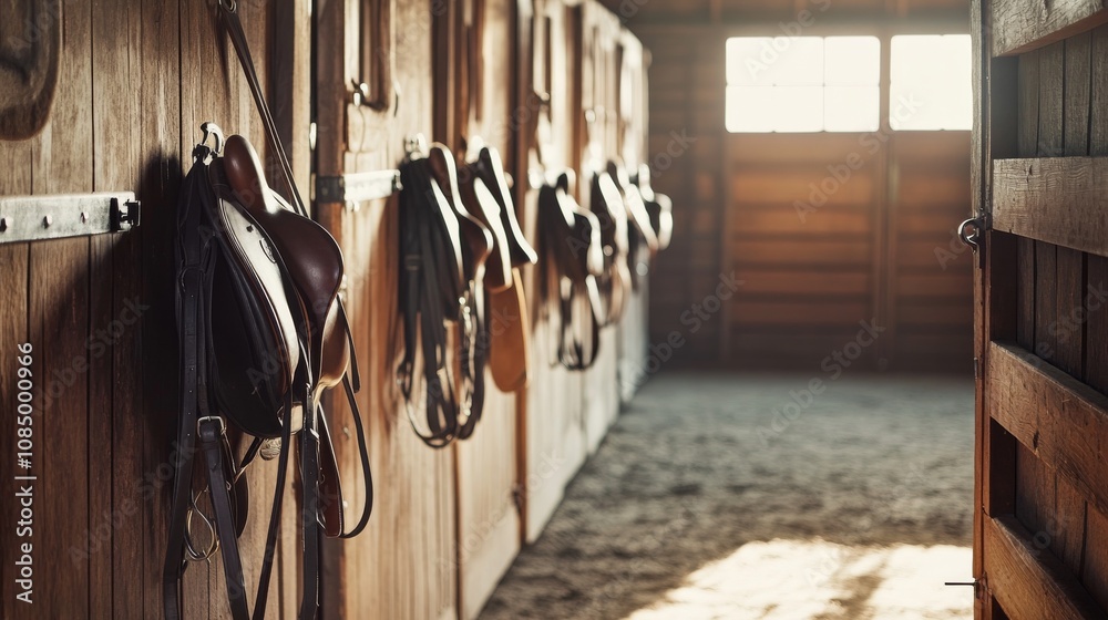 Poster a serene equestrian setup with saddles and bridles neatly arranged in a stable, a spacious, sunlit b