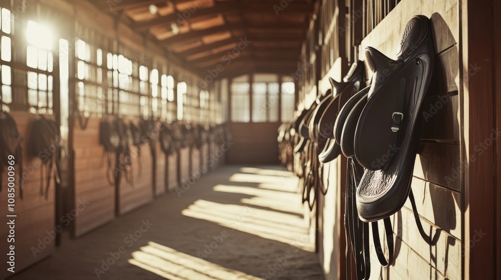 Poster a serene equestrian setup with saddles and bridles neatly arranged in a stable, a spacious, sunlit b