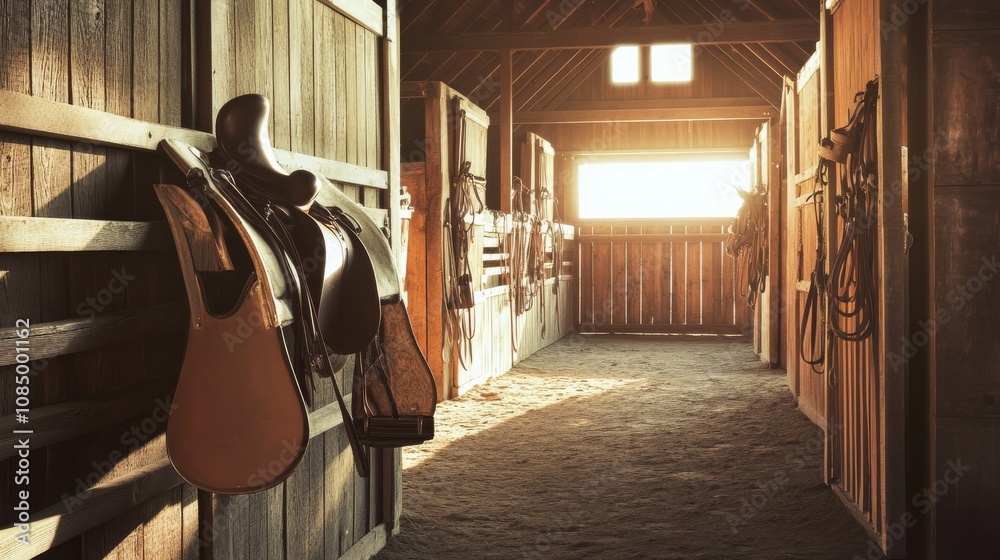 Poster a serene equestrian setup with saddles and bridles neatly arranged in a stable, a spacious, sunlit b