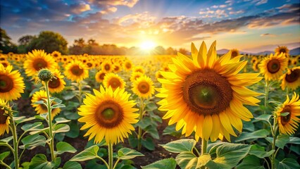 Fototapeta premium Golden Sunflowers Bask in the Warm Glow of a Setting Sun