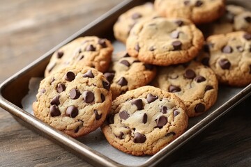 Delicious freshly baked chocolate chip cookies arranged on a baking tray ready to be enjoyed, perfect for dessert lovers and baking enthusiasts alike.