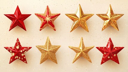 Gold and red star ornaments with glitter, isolated on a light background with subtle glow