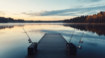 A serene fishing pier by a quiet lake at dawn, Fishing rods and tackle boxes neatly laid out, Tranquil outdoor style