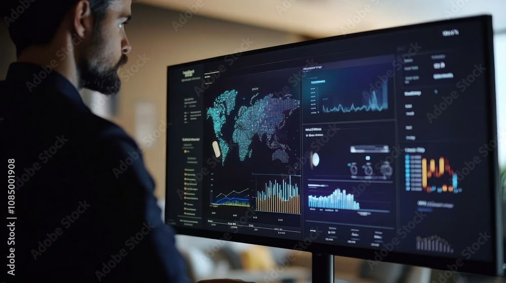 Aufkleber a businessman analyzes global data on a large monitor.