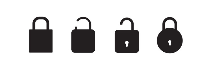Lock or padlock vector icon set. Security protection keyhole sign. Safety password confidential symbol. Privacy access or permission isolated illustration. Line, outline, filled black web buttons.