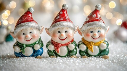 Little elf figurines with Christmas hats, isolated on a soft white background with holiday sparkles