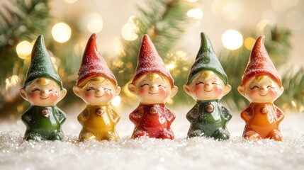 Little elf figurines with Christmas hats, isolated on a soft white background with holiday sparkles