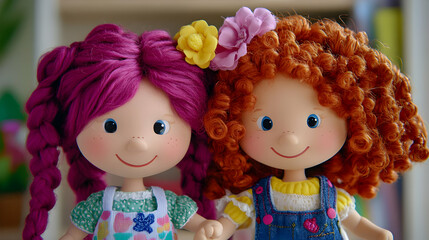 Fototapeta premium Two Smiling Dolls with Colorful Hair Illustration