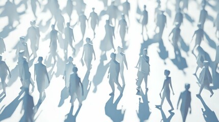 A crowd of paper figures walking, a study in light and shadow.