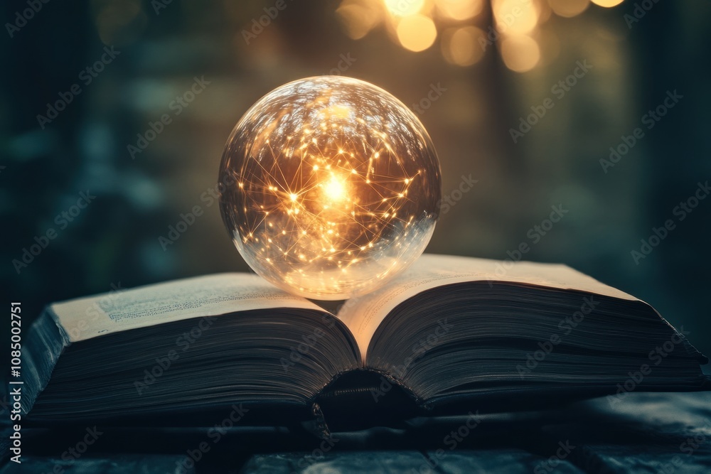 Poster a glowing orb sits atop an open book, radiating light and illuminating the pages.
