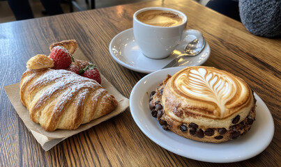 delightful café breakfast warm croissant, sweet pastry, and rich cappuccino. Enjoying peaceful morning