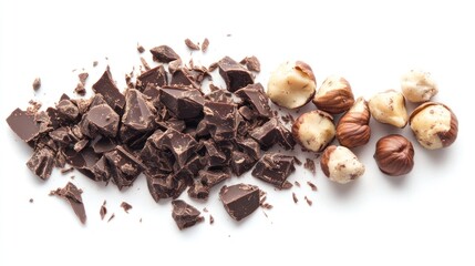 Obraz premium A close-up of chopped dark chocolate and whole hazelnuts on a white background.