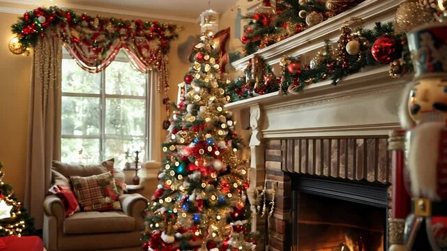 A charming holiday setting featuring a beautifully decorated Christmas tree and a nutcracker figure standing by a crackling fireplace, creating a cozy and festive ambiance.