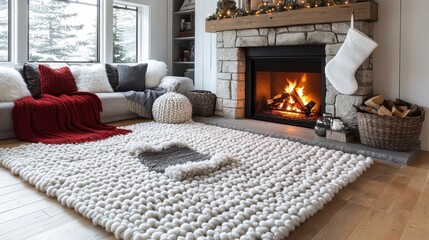 Cozy Living Room with Rustic D&eacute;cor Featuring a Warm Fireplace, Plush Textiles, and a Beautifully Crafted Wool Rug for a Homely Atmosphere