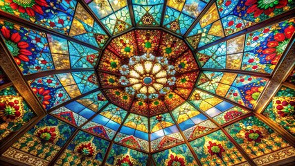 A symphony of colors and light dances across the intricate stained glass dome, creating a kaleidoscope of vibrant hues and geometric patterns.