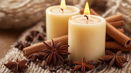 Traditional holiday tea candles with cinnamon sticks and star anise, isolated on a warm neutral background