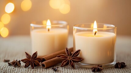 Traditional holiday tea candles with cinnamon sticks and star anise, isolated on a warm neutral background
