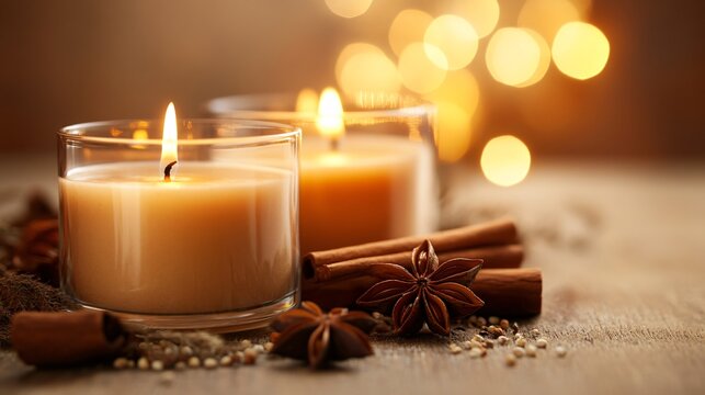 Traditional holiday tea candles with cinnamon sticks and star anise, isolated on a warm neutral background - Powered by Adobe