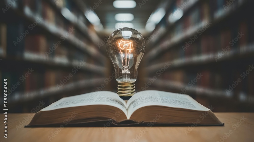 Poster a glowing light bulb sits atop an open book, symbolizing the power of knowledge and education, in a 