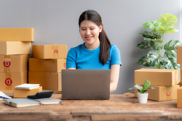 Smiling Entrepreneur:  A confident young woman, radiating positivity and enthusiasm, manages her online business, surrounded by ready-to-ship packages, laptop in hand.  