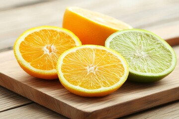 Freshly Sliced Oranges and Limes Displayed on a Wooden Cutting Board with Natural Light, Perfect for Healthy Cooking or Refreshing Beverage Concepts