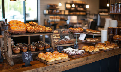 Delicious pastries and bread displayed in bakery inviting and appetizing
