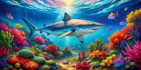 Naklejka premium A Stunning Shark Swimming Through a Colorful Underwater Landscape of Vibrant Coral and Marine Life, Showcasing the Beauty of Ocean Biodiversity in a Rule of Thirds Composition