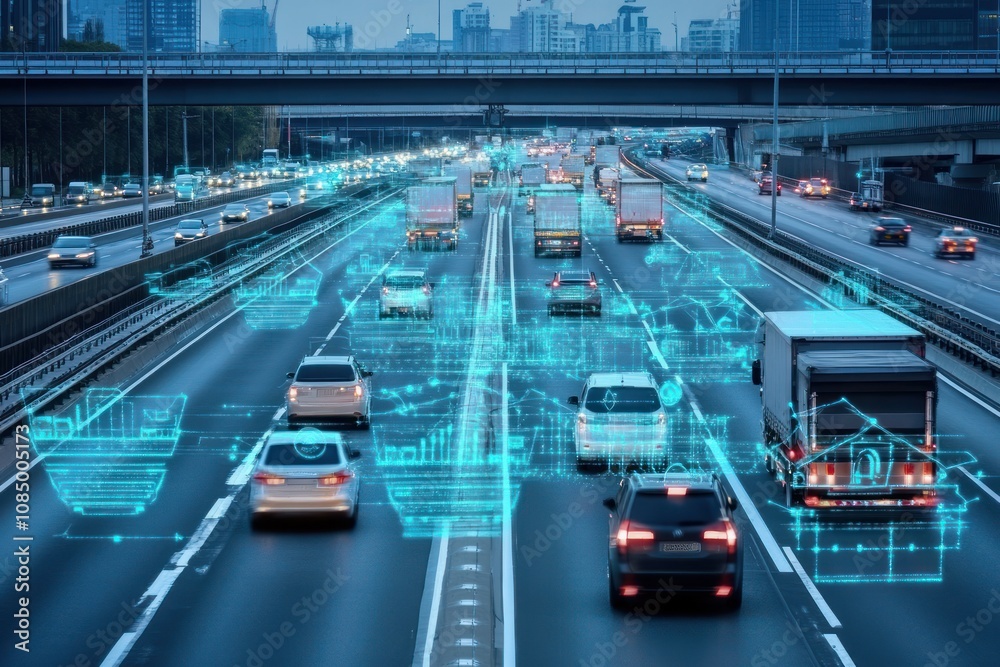 Poster a busy highway with cars and trucks at dusk, with a futuristic overlay of connected data and icons r