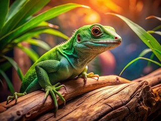 Obraz premium A Surreal Scene of a Vibrant Green Lizard Resting on a Natural Wooden Branch Under Soft Indoor Lighting, Capturing Nature's Beauty in an Artistic Setting