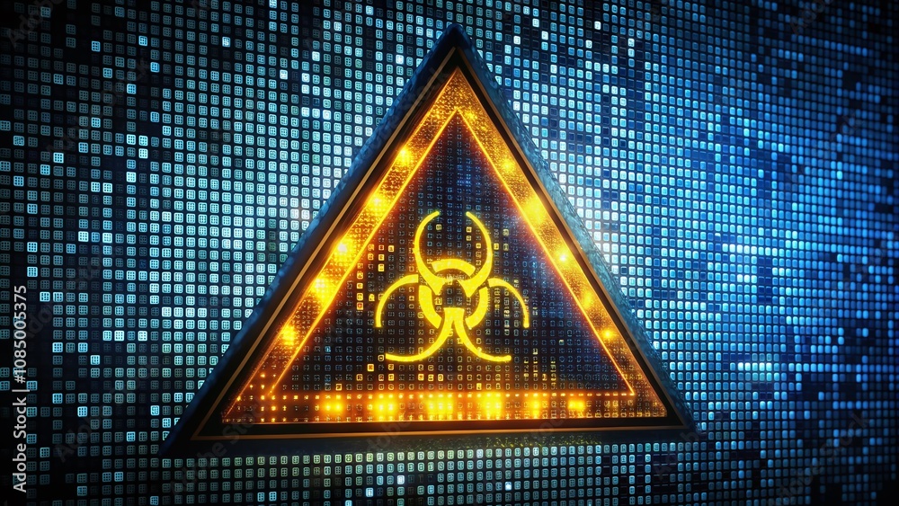 Poster attention sign with binary code pattern on black background for virtual hazard warning sign, ideal f