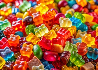 A Vibrant Array of Colorful Gummy Bears and Candies: A Sweet Delight for the Eyes and Taste Buds, Perfect for Celebrations, Treats, and Festive Occasions
